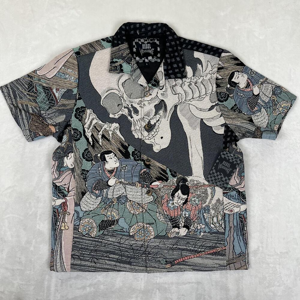 Rebel Vengeance Tapestry Shirt Mens Large Skull Japanese Graphic Button Up